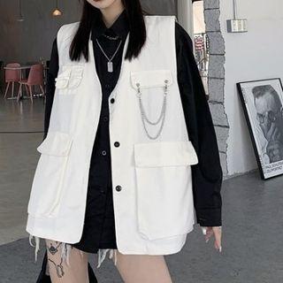 Long-sleeve Snap Buckle Shirt / Button-up Vest