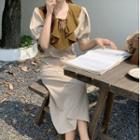 Short-sleeve Ruffle Trim Midi A-line Dress Almond - One Size