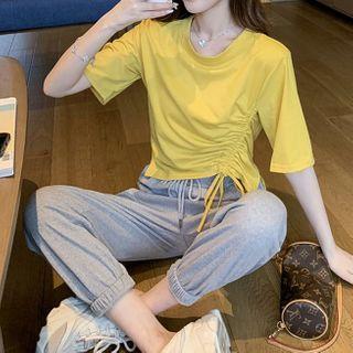 Set: Drawstring Ruched Elbow-sleeve T-shirt + Jogger Pants