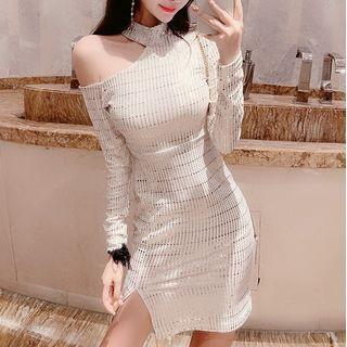 Long-sleeve Cutaway-shoulder Glitter Dress