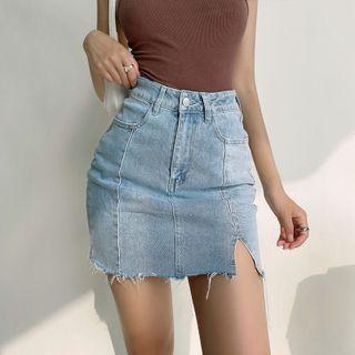 Distressed Washed Denim Pencil Skirt