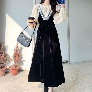 Set: Lace Trim Midi A-line Overall Dress + Blouse