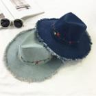 Embroidered Fray Denim Hat