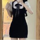 Mock Two-piece Short-sleeve Bow Mini Sheath Dress Black - One Size