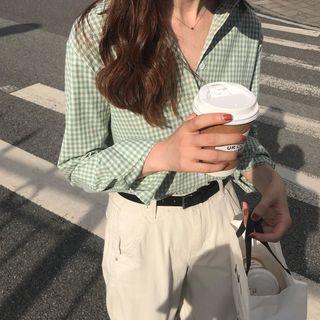 Long-sleeve Gingham Shirt Green - One Size