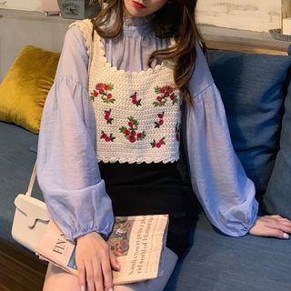 Floral Embroidered Crop Knit Tank Top / Mock-neck Blouse
