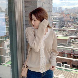 Crochet-lace Trim Faux-pearl Cardigan Beige - One Size