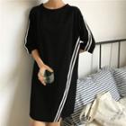 Striped Trim Elbow-sleeve T-shirt Dress