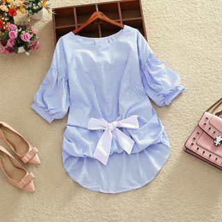 Bow Accent Striped Elbow-sleeve Blouse