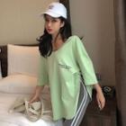 3/4-sleeve Lettering Long T-shirt / Contrast Trim Leggings