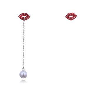 Non-matching Austrian Crystal Lips & Faux Pearl Dangle Earring 2-1845 - As Shown In Figure - One Size