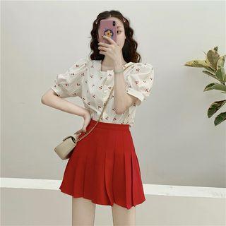Short-sleeve Cherry Print Blouse / High-waist Pleated Skirt