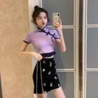 Color-block Short-sleeve Slim-fit Qipao Top / Butterfly Skirt