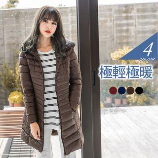 Dotted Lined Hood Long Down Coat