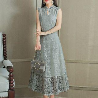 Sleeveless Lace Panel A-line Midi Dress
