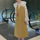 Long-sleeve Lace Top / V-neck Midi Pinafore Dress