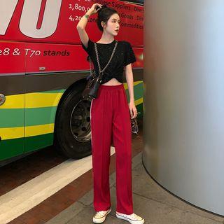Short-sleeve Twisted Top / Contrast Trim Wide Leg Pants