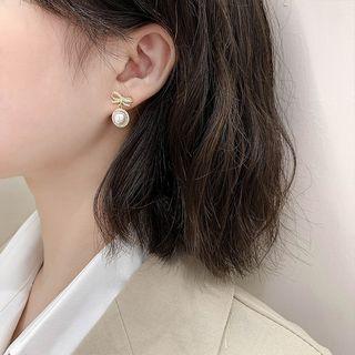 Cz Bow Faux Pearl Drop Earring