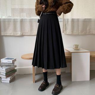 Set: Midi Accordion Pleat Skirt + Faux Leather Belt