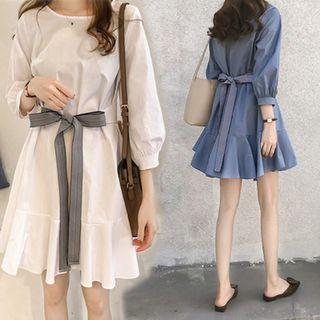3/4-sleeve Sashed A-line Dress