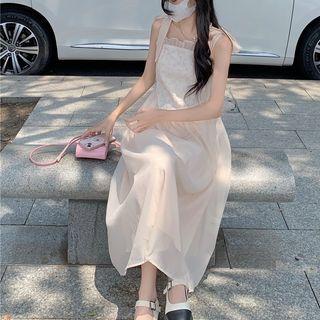Lace Ruffle Mesh A-line Dress Almond - One Size