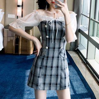 Off-shoulder Mini Plaid Sheath Dress