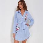 Flower Embroidered Striped Long-sleeve Shirtdress