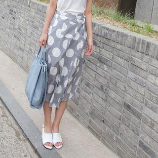 Polka-dot Long Surplice-wrap Skirt