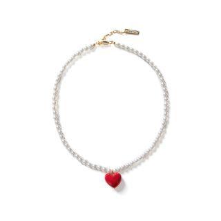 Heart-pendant Faux-pearl Necklace Red - One Size