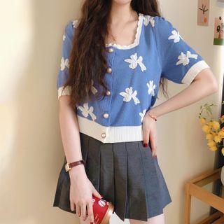 Short-sleeve Flower Applique Cardigan
