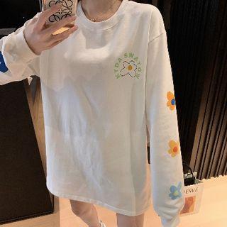 Flower Print Crewneck Loose-fit Long-sleeve Sweatshirt White - One Size