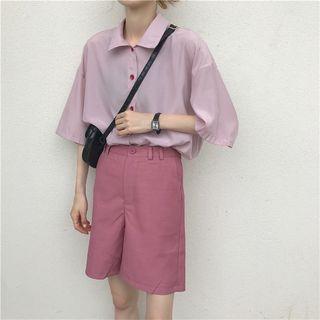 Plain Elbow-sleeve Shirt / Wide Leg Shorts