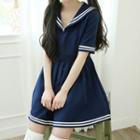 Sailor-collar Flared Minidress Navy Blue - One Size