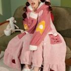 Loungewear Set : Fleece Flower Embroidered Hooded Robe + Pants