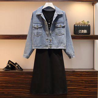 Button Denim Jacket / Elbow-sleeve Midi A-line Dress / Set