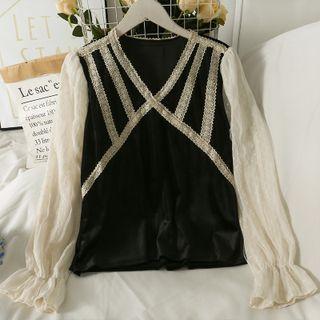 Patchwork Chiffon-sleeve V-neck Velvet Top