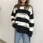 Long-sleeve Distressed Striped Knit Top