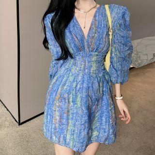 V-neck Tie-dye Print Mini A-line Dress