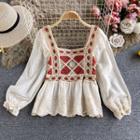 Square-neck Embroidered Eyelet Lace Blouse