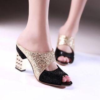 Block Heel Rhinestone Glitter Mules