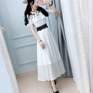 Cold-shoulder Lace Panel Midi A-line Dress