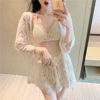 Set: Halter Neck Fringed Swim Camisole Top + Shorts + Cover-up Set Of 3 - Camisole Top & Shorts & Cover-up - Off-white - One Size