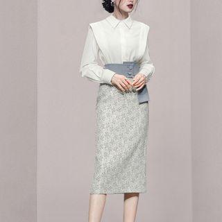 Set: Plain Blouse + Jacquard Pencil Skirt
