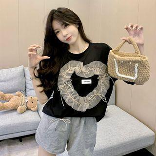 Short-sleeve Bow Detail Ruffle T-shirt Black - One Size