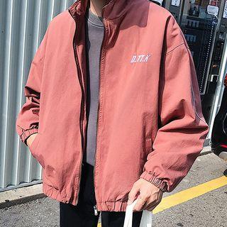 Stand Collar Lettering Embroidered Zip Jacket