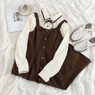 Bow-accent Long-sleeve Blouse / Slim-fit Jumper Dress