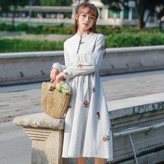 Flower Embroidered Striped Long-sleeve A-line Midi Dress