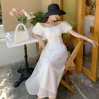 Short-sleeve Off-shoulder Mesh Midi Dress