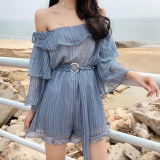 Plain Off Shoulder Elbow Sleeve Chiffon Playsuit