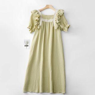 Balloon-sleeve Ruffled Midi Sleep Dress